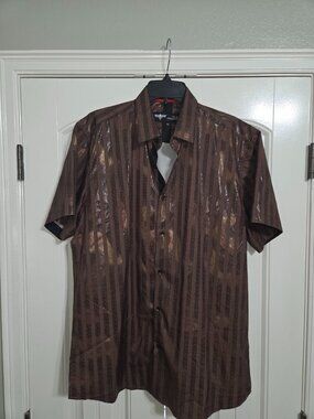 VIP Collection Men's XL Bronze Metallic Greek Key Pattern Short Sleeve Button Up